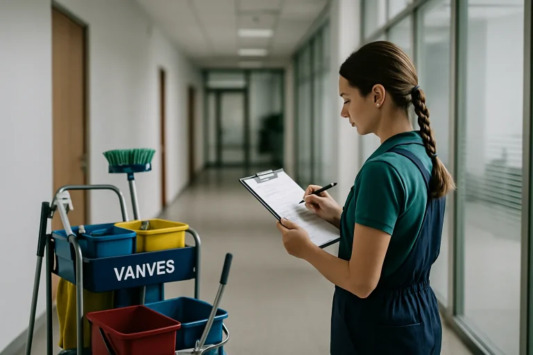 Bureau propre à Vanves avec des produits de nettoyage éco-responsables.