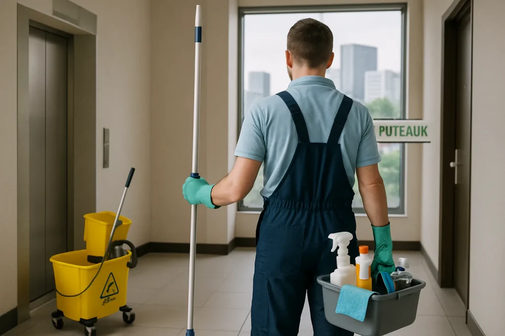 Professionnel du nettoyage dans un appartement à Puteaux, équipé d'outils spécifiques.
