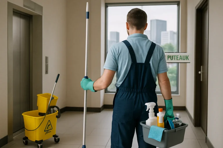 Professionnel du nettoyage dans un appartement à Puteaux, équipé d'outils spécifiques.