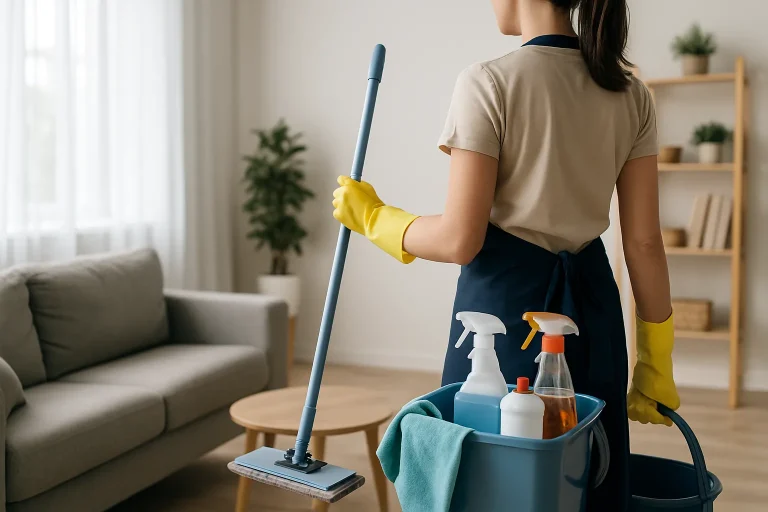Professionnels du nettoyage dans un appartement à Sceaux, en train de nettoyer des surfaces.