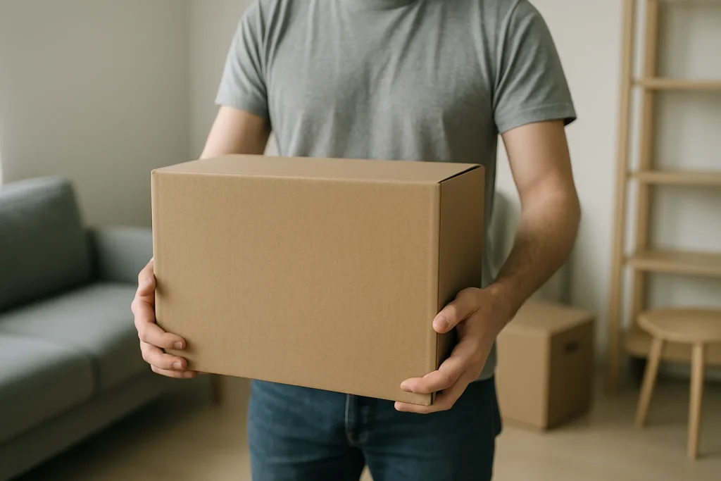 Deux mains portant un carton dans un appartement, lumière neutre, meubles en arrière-plan.