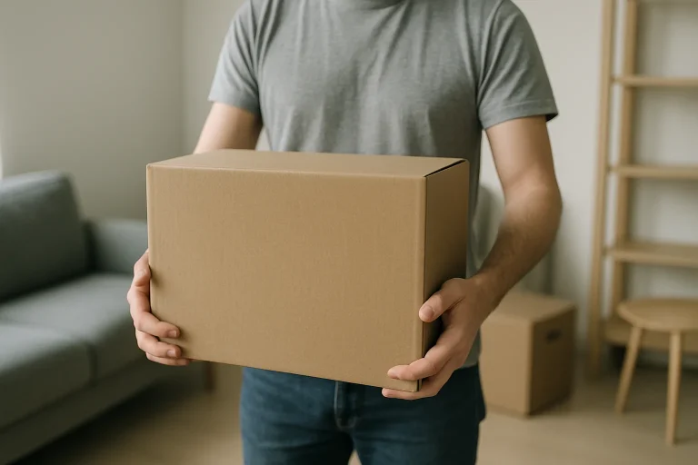 Deux mains portant un carton dans un appartement, lumière neutre, meubles en arrière-plan.