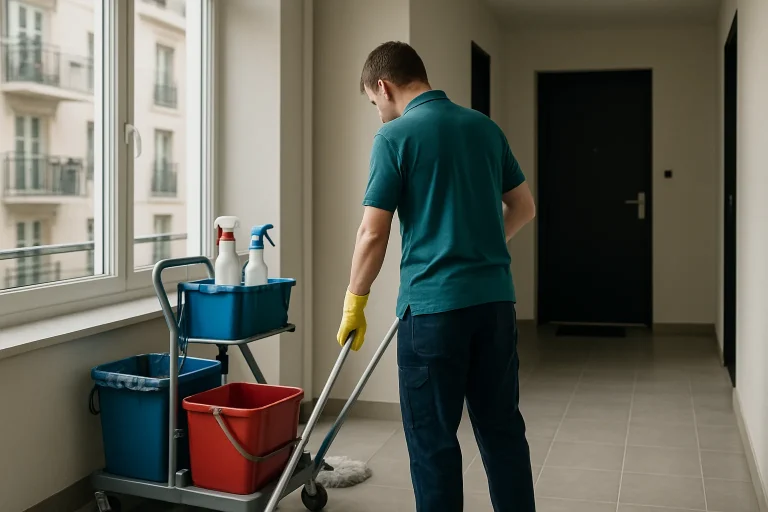 Équipe de nettoyage professionnelle à l'œuvre dans un appartement à Le Plessis-Robinson.