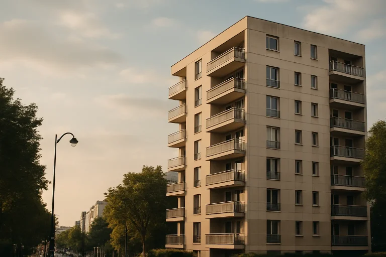 Vue d'un immeuble résidentiel dans les Hauts-de-Seine au crépuscule
