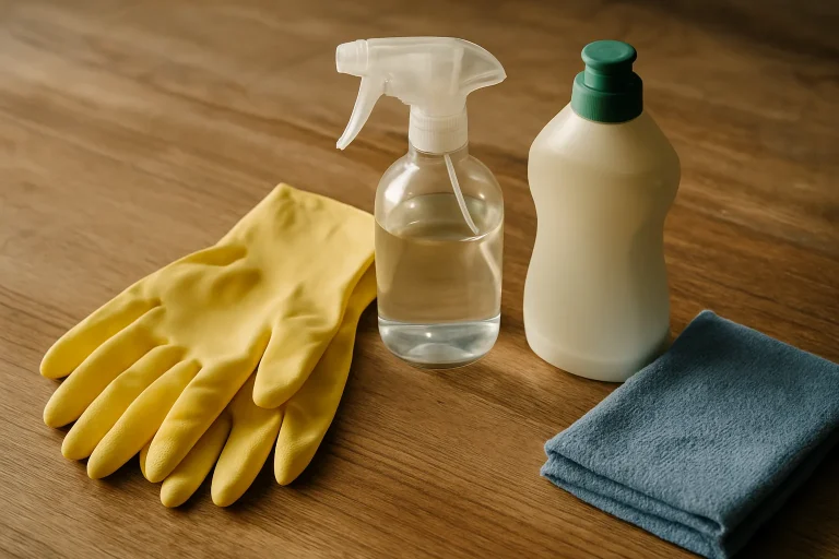 Gros plan sur des gants et produits de nettoyage sur une surface en bois