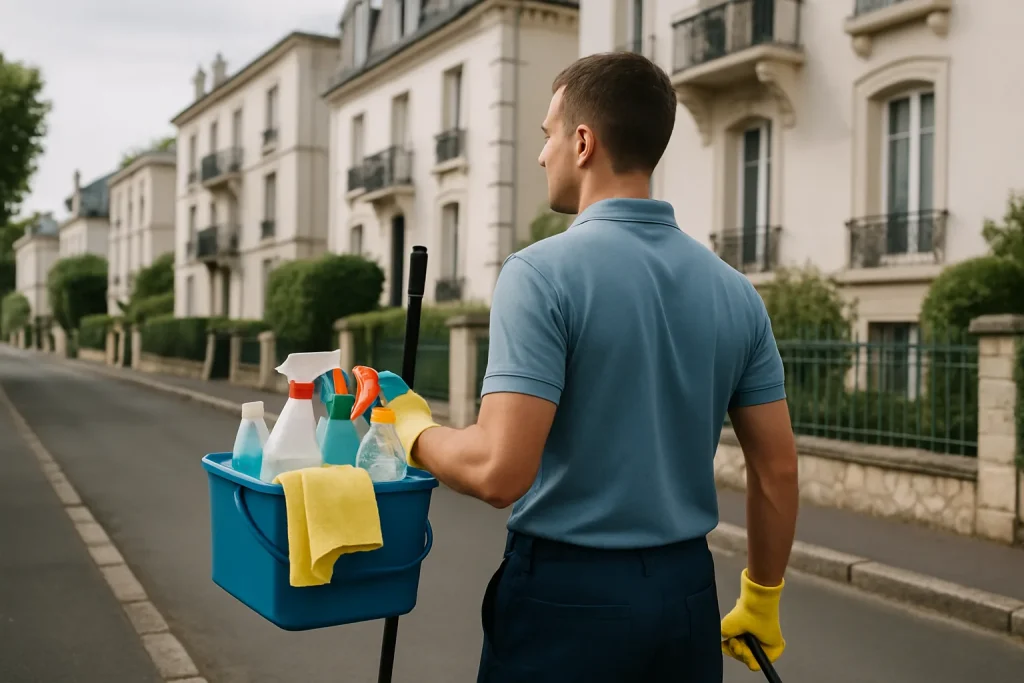 Un professionnel du nettoyage dans un appartement à Garches, utilisant des équipements modernes.