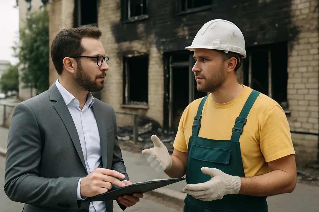 Un expert en assurance et un agent de nettoyage devant un bâtiment endommagé par un incendie.