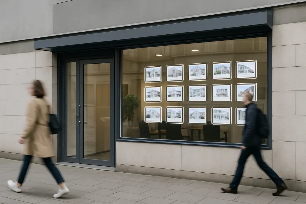 Façade d'une agence immobilière avec vitrine et passants flous, lumière du jour