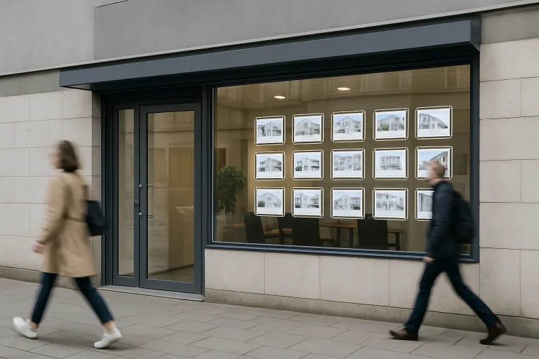 Façade d'une agence immobilière avec vitrine et passants flous, lumière du jour
