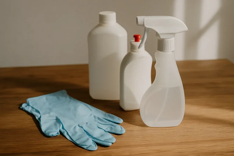 Gros plan sur des gants en caoutchouc, pulvérisateur et produits nettoyants sur une table en bois