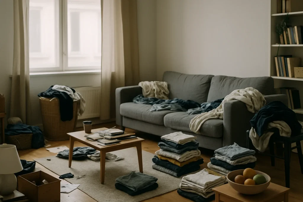Intérieur d'un appartement encombré avec divers objets et vêtements éparpillés.
