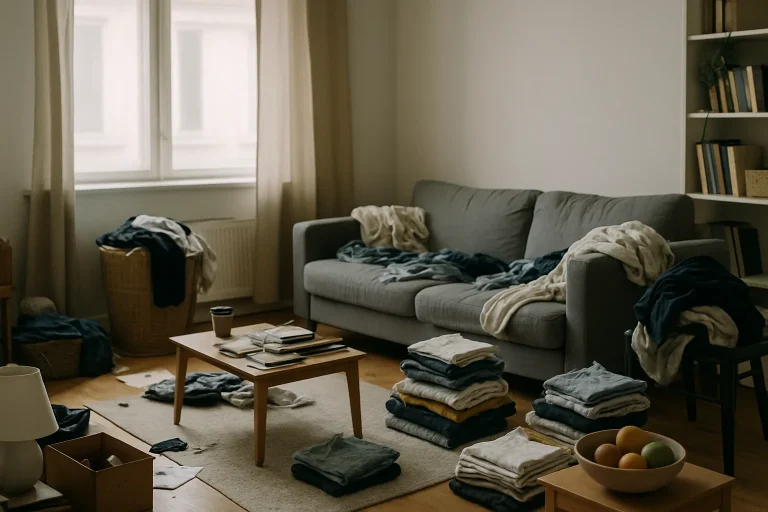 Intérieur d'un appartement encombré avec divers objets et vêtements éparpillés.
