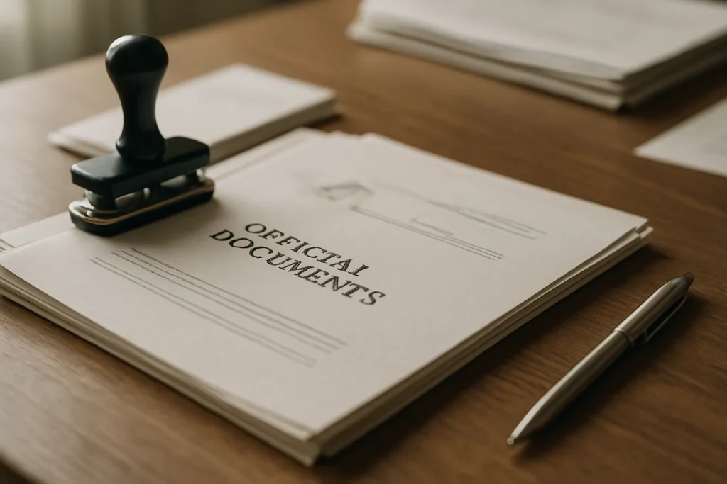 Gros plan sur des documents officiels avec un stylo sur un bureau en bois.