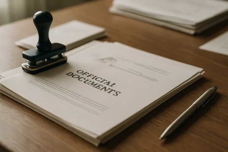 Gros plan sur des documents officiels avec un stylo sur un bureau en bois.