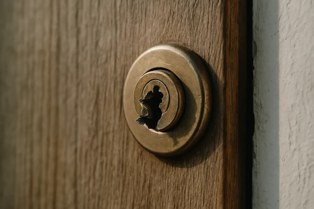 Gros plan d'une serrure cassée sur une porte d'entrée, lumière naturelle.