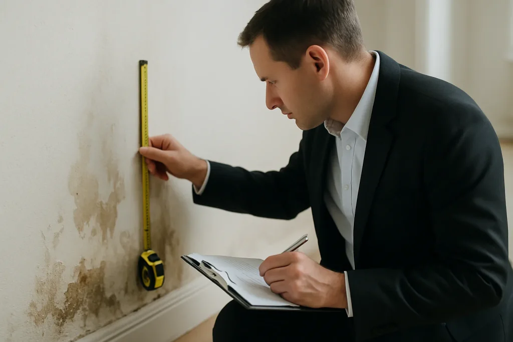 Un expert en assurance examine un mur endommagé par l'eau avec des outils de mesure