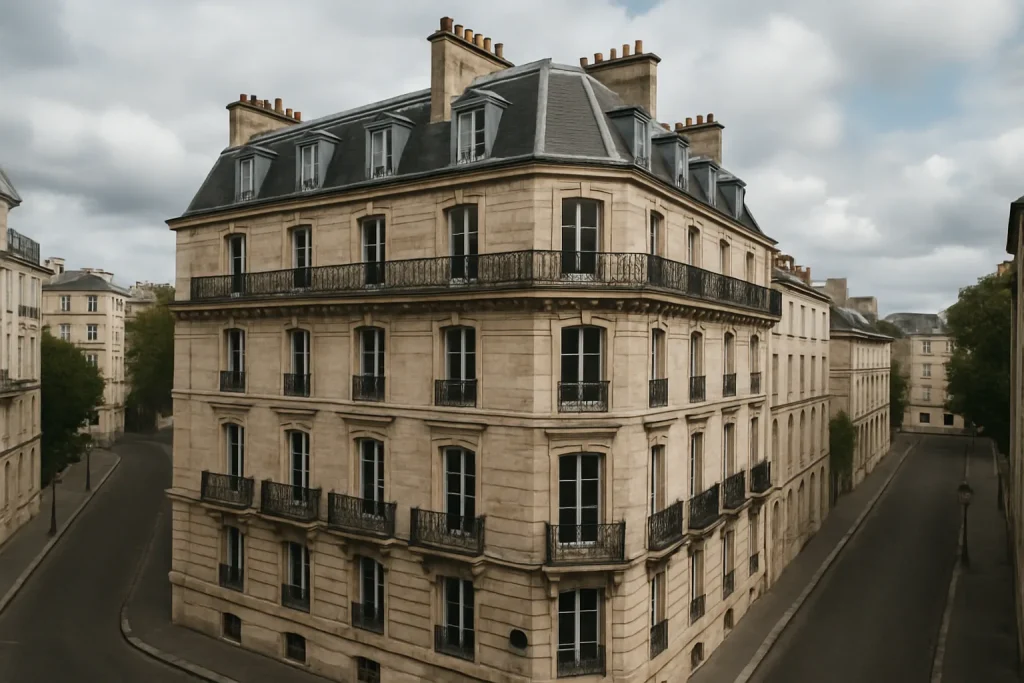 Façade d'un immeuble ancien en pierre sous un ciel partiellement nuageux.