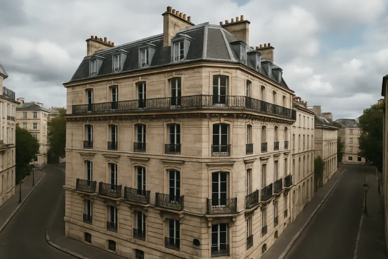 Façade d'un immeuble ancien en pierre sous un ciel partiellement nuageux.