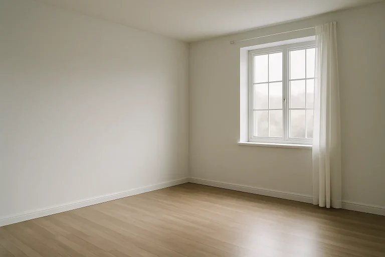 Intérieur vide et propre éclairé par la lumière naturelle, murs blancs et sol immaculé.