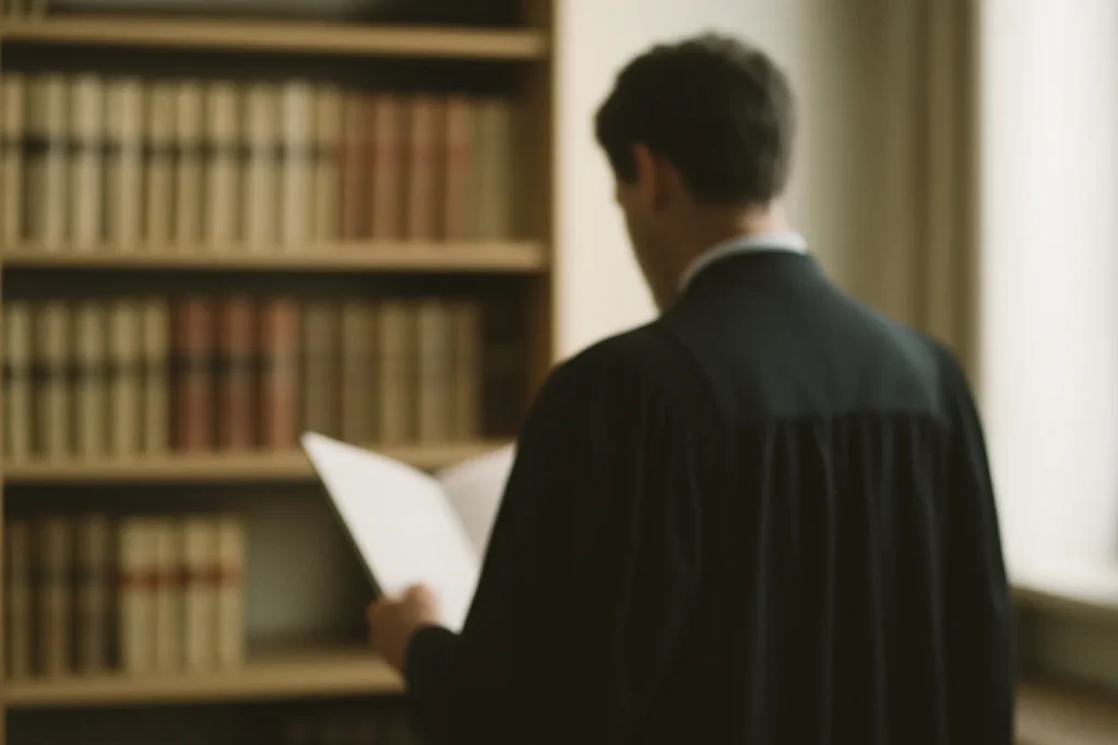 Silhouette floue d'un avocat de dos dans un bureau éclairé doucement