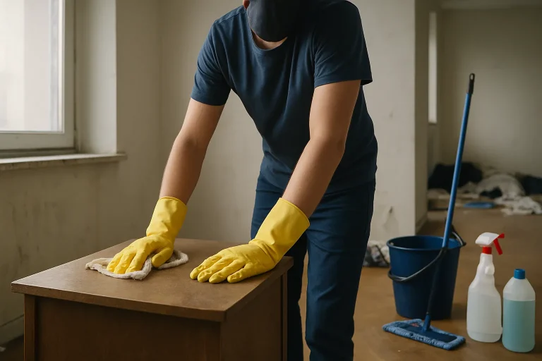 Agent de nettoyage intervenant dans un appartement après squat, outils visibles
