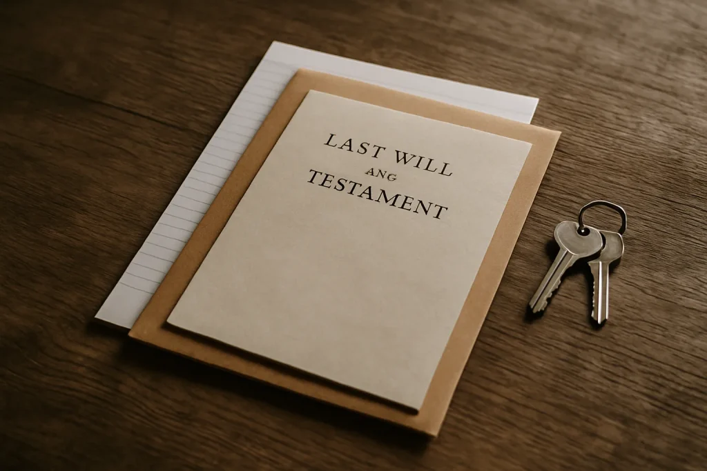 Documents juridiques et clés sur une table en bois, lumière douce.