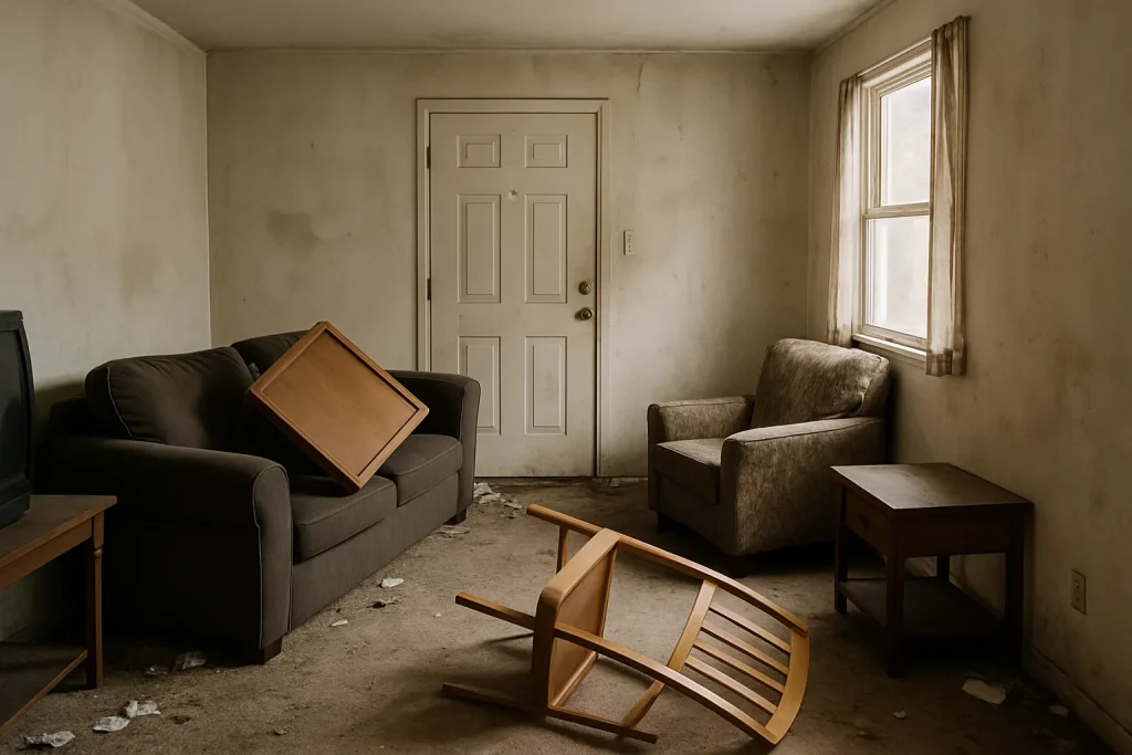 Appartement en désordre avec meubles renversés et murs tachés, lumière douce.