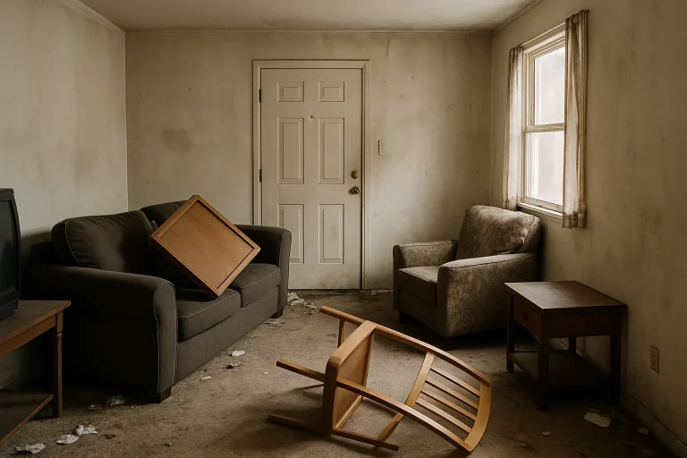 Appartement en désordre avec meubles renversés et murs tachés, lumière douce.