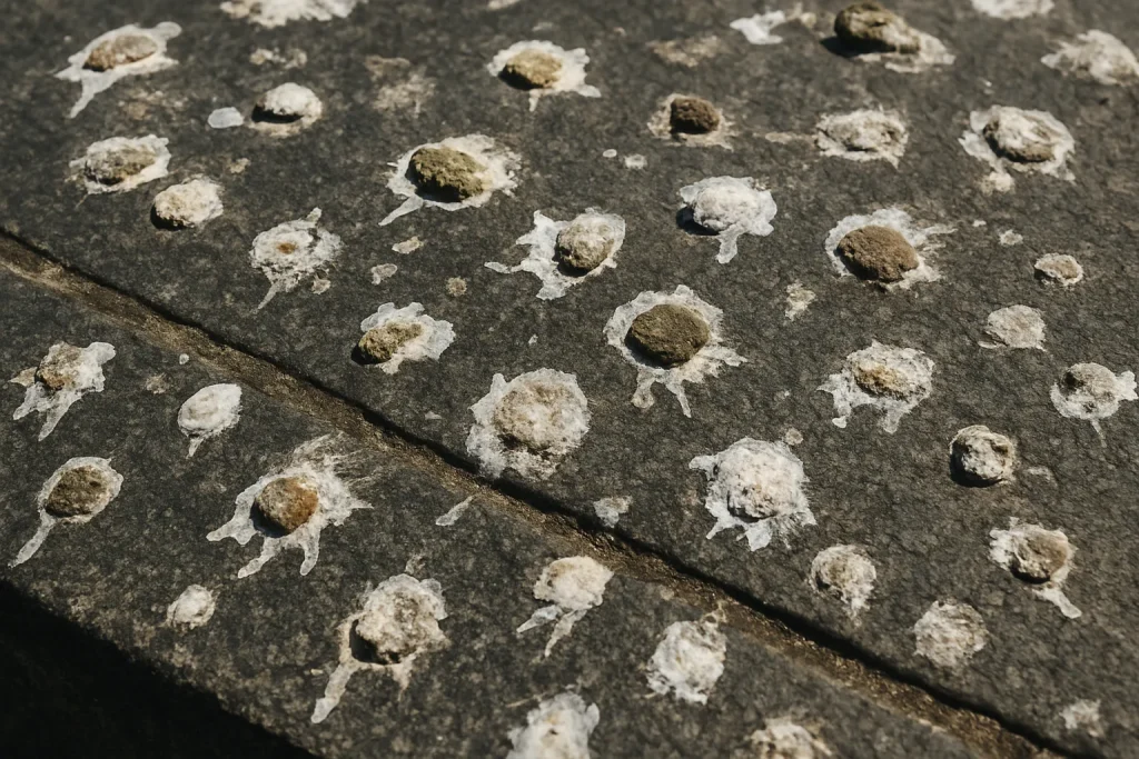 Surface en pierre avec fientes de pigeon, textures visibles et lumière naturelle