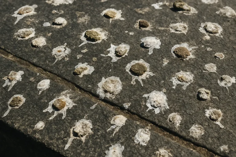 Surface en pierre avec fientes de pigeon, textures visibles et lumière naturelle