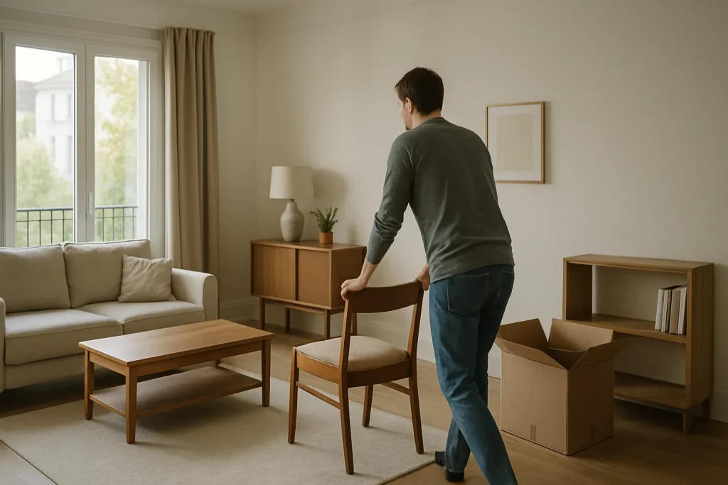 Personne de dos déplaçant des meubles dans un intérieur à Rueil-Malmaison, lumière douce.