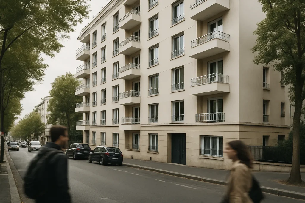 Façade d'un bâtiment résidentiel avec une rue animée à Asnières-sur-Seine
