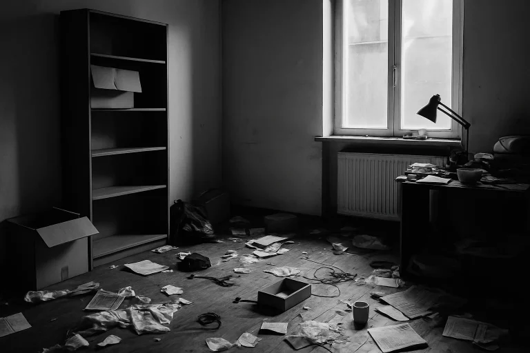 Pièce encombrée avec objets éparpillés, lumière naturelle, vue noir et blanc.