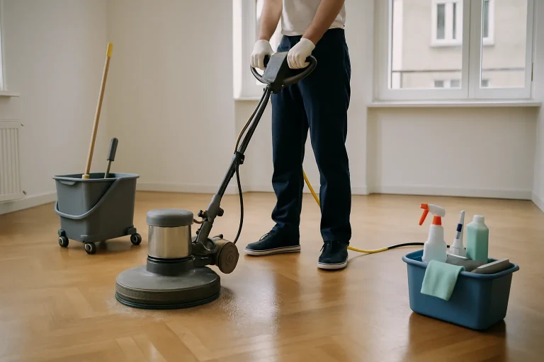 Nettoyeur professionnel traitant le sol d'un appartement après un décès.