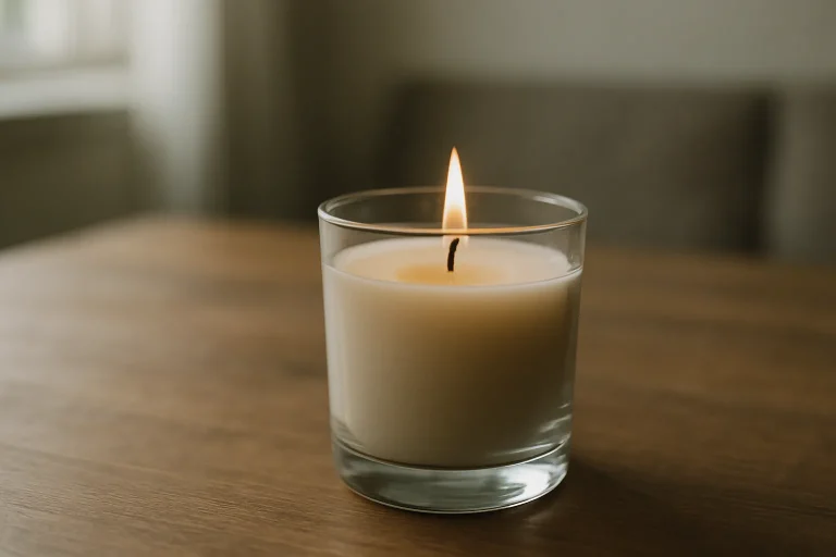 Bougie parfumée allumée sur une table en bois, lumière douce, ambiance apaisante