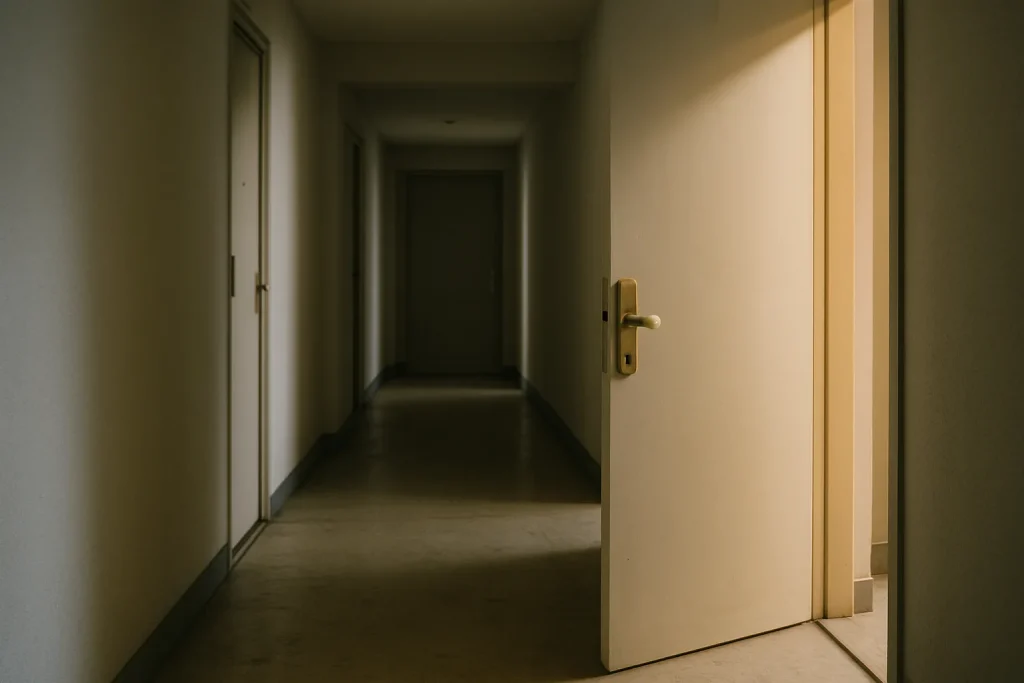 Couloir d'immeuble avec porte entrouverte, lumière douce, traces au sol.
