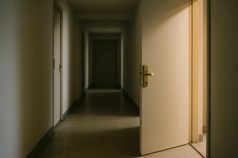 Couloir d'immeuble avec porte entrouverte, lumière douce, traces au sol.
