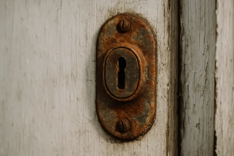 Gros plan sur une serrure de porte usée avec traces de rouille, lumière naturelle