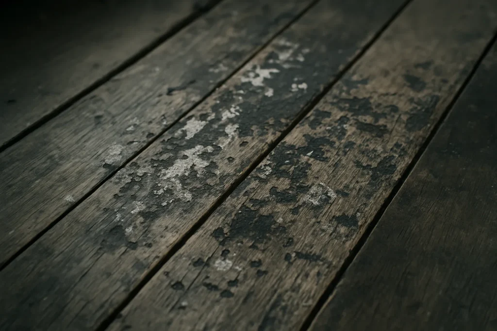 Gros plan de lames de parquet en bois avec traces de contamination visibles