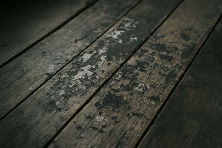 Gros plan de lames de parquet en bois avec traces de contamination visibles
