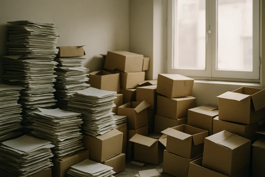 Appartement encombré avec piles de papiers et cartons, lumière douce