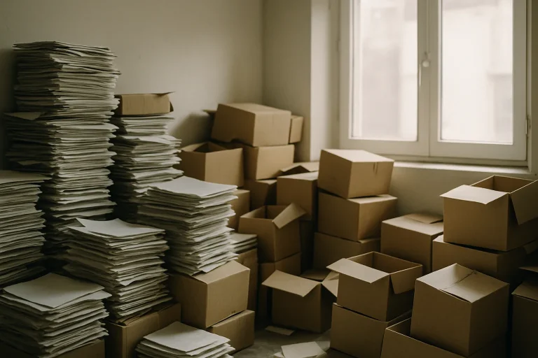Appartement encombré avec piles de papiers et cartons, lumière douce