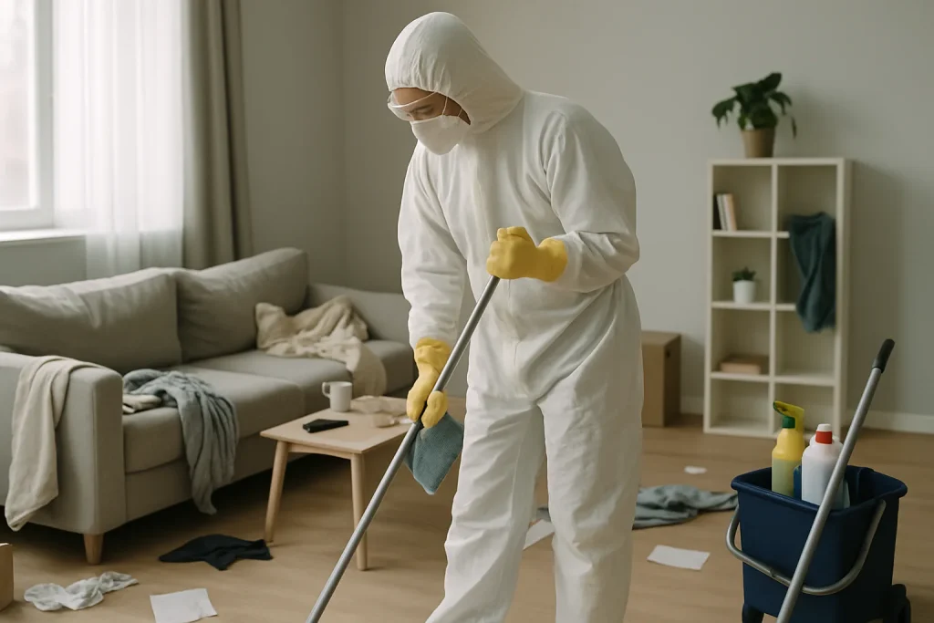 Agent de nettoyage en tenue de protection dans un appartement en désordre, matériel visible