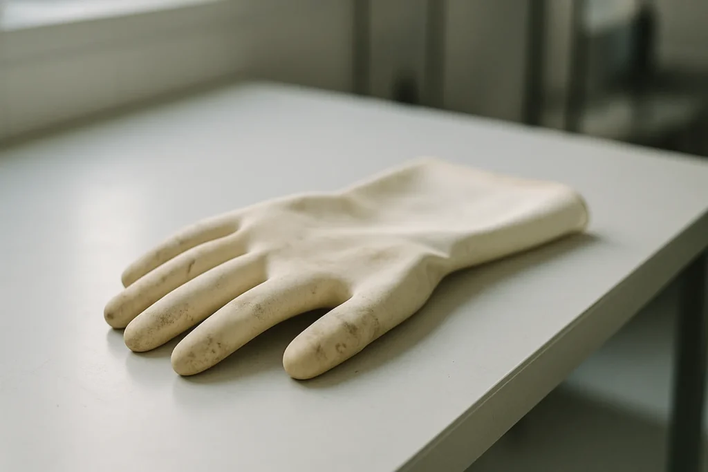 Gros plan sur des gants en caoutchouc utilisés pour le nettoyage de fluides biologiques