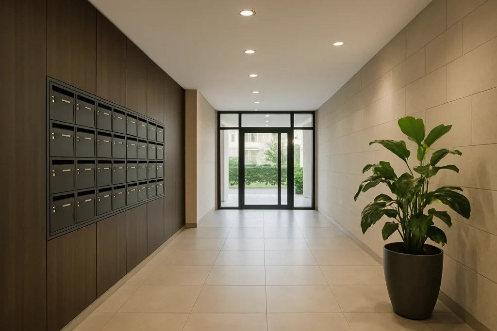 Hall d'immeuble moderne avec lumière douce et plante verte à Neuilly-sur-Seine
