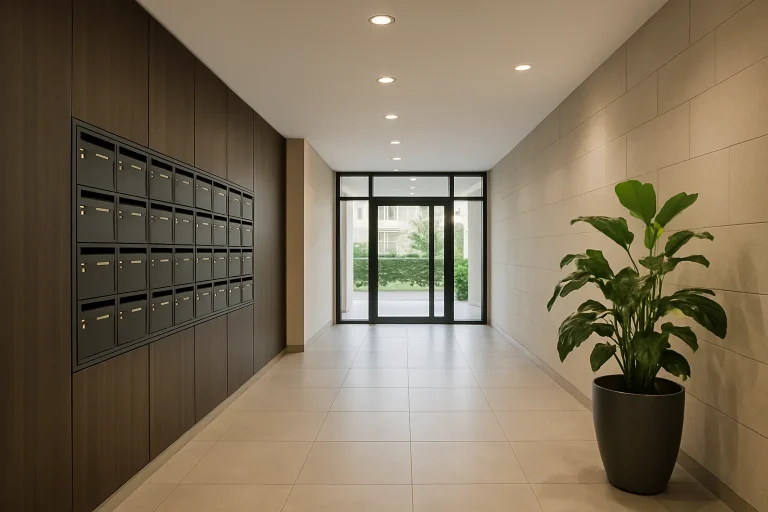 Hall d'immeuble moderne avec lumière douce et plante verte à Neuilly-sur-Seine