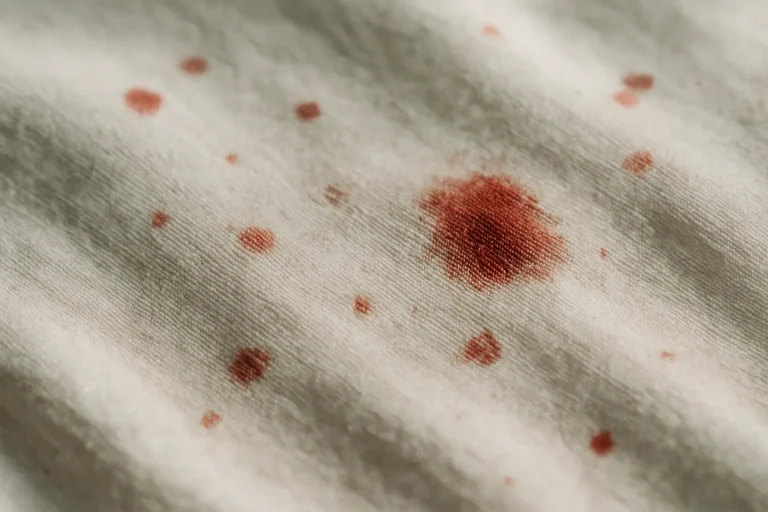 Gros plan sur un tissu taché rouge, indiquant une contamination