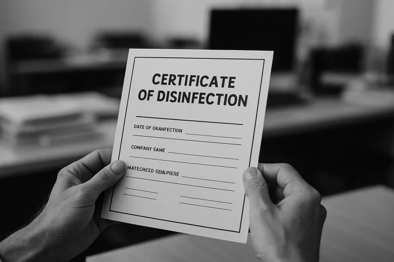 Mains tenant un certificat de désinfection, fond bureau flou