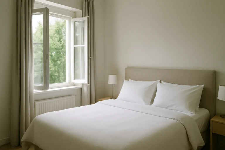 Chambre propre et lumineuse avec lit refait et fenêtre ouverte, après nettoyage