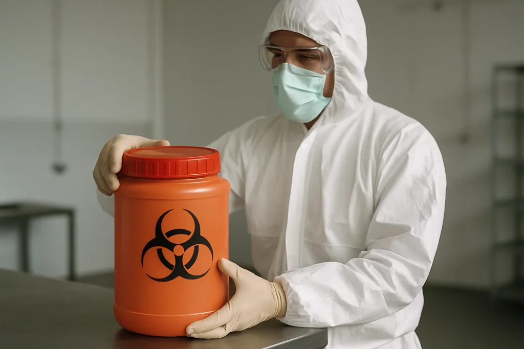 Un professionnel en tenue de protection manipule avec précaution des déchets biohazard.